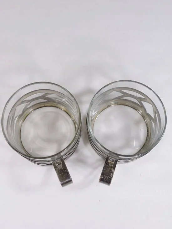 2 Duralex Tempered Glass Cups In Silver Tone Metal Holders - France - Coffee Tea - Picture 4 of 7
